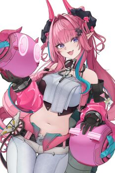 1girl absurdres arknights arknights:_endfield bare_shoulders black_gloves blue_eyes blue_hair blush breasts dragon_girl dragon_horns dragon_tail gloves highres horns large_breasts long_hair midriff multicolored_gloves multicolored_hair open_mouth pants pink_gloves pink_hair pointy_ears shironagase smile solo tail twintails white_pants yvonne_(arknights)