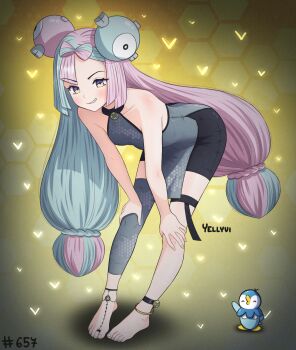 1girl adapted_costume ankle_strap anklet bent_over black_shorts bow-shaped_hair character_hair_ornament collarbone commentary eyelashes feet full_body gen_4_pokemon grey_shirt grin hair_ornament hands_on_own_knees heart highres iono_(pokemon) jewelry long_hair multicolored_hair nintendo piplup pokemon pokemon_(creature) pokemon_sv shirt shorts signature single_detached_legging sleeveless sleeveless_shirt smile standing symbol-only_commentary teeth thigh_strap toes twintails two-tone_hair yellyvi