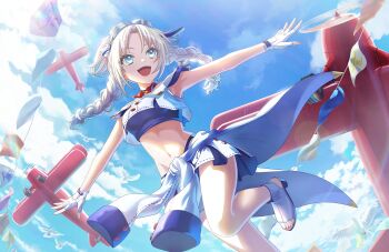 1girl :d aircraft airplane armpits bandeau bare_shoulders biplane bird blonde_hair blue_bandeau blue_eyes blue_hair blue_sky blush braid breasts character_logo clothes_around_waist costume_request covered_underboob crop_top crop_top_overhang curtained_hair dove fang game_cg goggles goggles_on_head gradient_hair high_heels highres jacket jacket_around_waist link!_like!_love_live! long_hair love_live! medium_breasts miniskirt multicolored_hair navel non-web_source official_alternate_costume official_alternate_hairstyle official_art open-toe_shoes open_mouth osawa_rurino outdoors parted_bangs pleated_skirt shoes skirt sky smile solo stomach string_of_flags twin_braids virtual_youtuber white_bird white_jacket white_shoes white_skirt