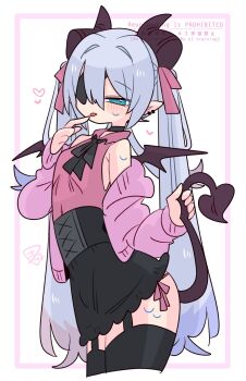 1boy arched_back armpit_crease bare_shoulders black_choker black_corset black_ribbon black_skirt black_thighhighs blue_eyes blue_hair blush bow cardigan choker collared_shirt colored_tips commentary corset cowboy_shot crossdressing crossdressing_(mtf) demon_boy demon_horns demon_tail double-parted_bangs earclip eyepatch finger_to_mouth flipped_hair from_side garter_straps hair_between_eyes hair_bow hair_intakes hand_up heart heart-shaped_pupils highres holding holding_own_tail horns long_hair long_sleeves looking_at_viewer male_focus mini_wings miniskirt multicolored_hair narrowed_eyes neck_ribbon no_nose off_shoulder one_eye_covered op_na_yarou open_cardigan open_clothes original panties panty_straps pink_bow pink_cardigan pink_panties pink_shirt pointy_ears purple_horns purple_tail purple_wings quad_tails raised_eyebrows red_hair ribbon rigel_(op_na_yarou) shirt side-tie_panties sidelocks simple_background skirt sleeveless sleeveless_shirt solo standing straight_hair sweat symbol-shaped_pupils tail thighhighs thighs tongue tongue_out trap underwear very_long_hair watermark white_background white_hair wings