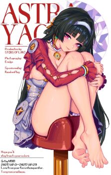 1girl astra_yao barefoot black_hair blush breasts cleavage collarbone cut_bangs dress earrings feet frilled_sleeves frills hair_intakes hairband highres hugging_own_legs jewelry knees_up large_breasts light_smile long_hair looking_at_viewer necklace pearl_necklace pink_eyes pixel_art red_shrug short_dress shrug_(clothing) sitting solo straight_hair thighs toes uneven_bangs white_dress white_hairband wmmzkl zenless_zone_zero