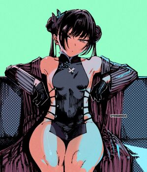 1girl aqua_background ben-day_dots black_dress black_gloves black_hair blue_archive breasts butterfly_hair_ornament china_dress chinese_clothes closed_mouth coat collarbone commentary cross-laced_slit dated_commentary dot_mouth double_bun dress feet_out_of_frame gloves grey_eyes hair_bun hair_ornament hair_over_one_eye highres kisaki_(blue_archive) limited_palette looking_at_viewer off_shoulder open_clothes open_coat otimusyairoha pelvic_curtain revealing_clothes screentones shanghai_neckline sideboob simple_background sitting small_breasts solo striped_coat thighs twitter_username vertical-striped_coat