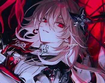 1girl collar earrings evernight_(honkai:_star_rail) fingernails flower gloves hair_between_eyes hair_flower hair_ornament hairclip holding holding_umbrella honkai:_star_rail honkai_(series) jewelry layered_clothes looking_at_viewer march_7th_(honkai:_star_rail) mg_omom parallel_hairclips pink_hair red_eyes single_earring smile umbrella