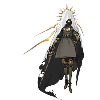 1other arknights arm_armor armored_boots azling boots brown_dress detached_wings dress elite_shrine_swordsman_(arknights) full_body gold_halo golden_wings halo halo_behind_head holding holding_sword holding_weapon limited_palette object_with_halo official_art simple_background solo standing sword tachi-e third-party_source transparent_background veil weapon white_veil wings