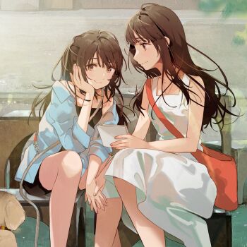 Rule 34 | 2girls, black camisole, black shorts, blue jacket, brown eyes, brown hair, camisole, comiket 106, commentary request, dress, fly (marguerite), highres, holding hands, jacket, long hair, multiple girls, official art, original, ponytail, shorts, sidelocks, sitting, sleeveless, sleeveless dress, white dress, yuri