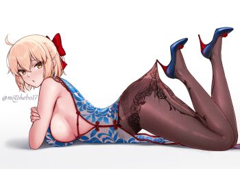 1girl ahoge bare_shoulders blonde_hair blue_dress blush bow breasts brown_pantyhose china_dress chinese_clothes cosplay dress fate/grand_order fate_(series) floral_print hair_bow high_heels lace_pantyhose_hooked_on_heel_(meme) large_breasts looking_at_viewer lying meme motokebo17 okita_souji_(fate) on_stomach open_mouth panties panties_under_pantyhose pantyhose pelvic_curtain red_trim short_hair sideboob solo underwear yellow_eyes yu_mei-ren_(fate) yu_mei-ren_(fate)_(cosplay) yu_mei-ren_(spare_the_idle_talk)_(fate)