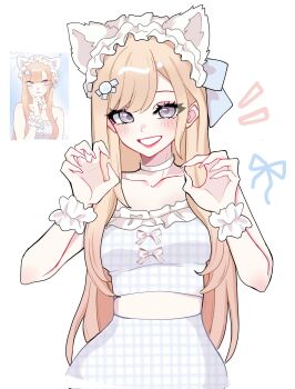 1girl animal_ears blonde_hair blue_eyes blush checkered_clothes checkered_shirt choker commentary cuffs english_commentary fake_animal_ears frills hair_ornament highres kitagawa_marin long_hair miovartz plaid_clothes plaid_skirt ribbon shirt simple_background skirt sono_bisque_doll_wa_koi_wo_suru