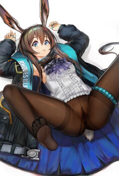 1girl absurdres amiya_(arknights) animal_ears anus aqua_eyes arknights arms_up ascot black_coat breasts brown_hair brown_pantyhose censored center_frills chinese_commentary clothes_lift coat commentary commentary_request crotch_seam english_commentary feet foot_out_of_frame frilled_shirt frills grey_skirt hair_between_eyes highres irvinetope jewelry large_variant_set legs_up long_hair long_sleeves looking_at_viewer lying medium_breasts mixed-language_commentary mosaic_censoring no_panties no_pants on_back open_clothes open_coat pantyhose purple_ascot pussy rabbit_ears rabbit_girl rabbit_tail ring shirt simple_background skirt skirt_lift sleeveless sleeveless_shirt solo spread_legs straight_hair tail toe_seam tongue tongue_out variant_set white_background white_shirt