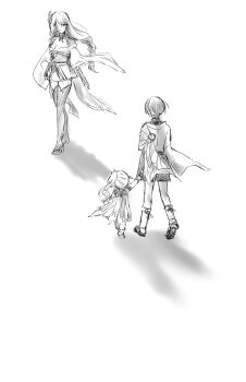 1boy 2girls arms_at_sides blunt_bangs bracelet braid breasts bridal_gauntlets bridal_legwear cape cleavage detached_sleeves dress facing_another fan_hair_ornament flower full_body furisode genshin_impact greyscale hair_flower hair_ornament height_difference high_heel_sandals highres holding_hands japanese_clothes jewelry kimono leg_warmers long_hair looking_at_another low-braided_long_hair low-tied_long_hair medium_breasts monochrome multiple_girls nahida_(genshin_impact) niko_ko0 no_mouth off_shoulder one-eyed pelvic_curtain raiden_shogun sandals scaramouche_(genshin_impact) shadow short_kimono shorts shrug_(clothing) side_ponytail sidelocks socks standing stirrup_footwear stirrup_legwear swept_bangs thighhighs toeless_legwear wanderer_(genshin_impact) white_background wide_sleeves zouri
