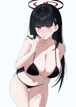 1girl absurdres arina0x0 bikini black_bikini blue_archive blunt_bangs blush breasts cleavage commentary_request hair_ornament hairclip halo highres large_breasts leaning_forward long_hair looking_at_viewer navel open_mouth red_eyes ringed_eyes rio_(blue_archive) simple_background solo standing sweat sweatdrop swimsuit teeth white_background