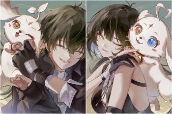 1boy 1girl abby_(wuthering_waves) bandaged_arm bandages bare_shoulders black_gloves black_hair black_jacket blue_eyes breasts chigusa7h chromatic_aberration closed_eyes colored_inner_hair commentary_request cross-laced_clothes cross-laced_top dual_persona female_rover_(wuthering_waves) fingernails gloves grey_shirt hair_between_eyes hair_ornament hairclip hand_up heterochromia highres jacket large_breasts long_hair male_focus male_rover_(wuthering_waves) multicolored_hair one_eye_closed orange_eyes outdoors parallel_hairclips parted_lips partially_fingerless_gloves rover_(wuthering_waves) shirt smile tacet_mark_(wuthering_waves) upper_body white_hair wuthering_waves yellow_eyes