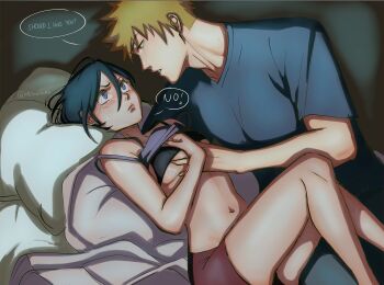 1boy 1girl bare_arms bare_legs bare_shoulders bed bed_sheet bedroom black_hair blanket bleach blonde_hair blush bra breasts commentary english_commentary grabbing_another&#039;s_breast groping hair_between_eyes hetero highres house kuchiki_rukia kurosaki_ichigo lips looking_at_another lying m1rimorinku navel on_back parted_bangs pillow profile purple_eyes shirt short_sleeves shorts speech_bubble stomach underboob underwear