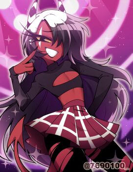 1girl :d bags_under_eyes black_eyes black_hair black_horns black_lips black_nails black_pantyhose black_shirt cleavage_cutout clothing_cutout colored_sclera colored_skin commentary_request contrapposto crop_top cropped_shirt demon_girl demon_horns demon_tail eyelashes fewer_digits finger_to_cheek fingernails flat_chest from_below gradient_background grey_outline grin hair_over_one_eye hand_on_own_hip hand_up heart hellaverse helluva_boss high-waist_skirt highres horns light_particles long_hair long_sleeves looking_at_viewer menattou miniskirt multicolored_hair multicolored_horns nail_polish official_alternate_costume official_alternate_hairstyle one_eye_covered open_mouth outline pantyhose plaid_clothes plaid_skirt pleated_skirt red_skin red_skirt red_tail roots_(hair) sallie_may_(helluva_boss) scar scar_across_eye scar_on_face sharp_fingernails shirt simple_background skirt sleeves_past_wrists smile solo sparkle standing striped_horns tail torn_clothes torn_pantyhose tsurime turtleneck turtleneck_shirt twitter_username two-tone_hair two-tone_horns very_long_hair white_hair white_horns wide_hips yellow_sclera