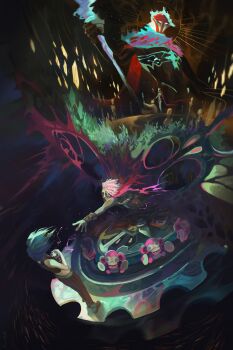 1girl 3boys absurdres arcane:_league_of_legends arcane_jayce arcane_jinx arm_tattoo blue_hair cape crop_top dark-skinned_male dark_skin dial dreadlocks ekko_(league_of_legends) explosive facial_tattoo firelight_ekko glowing glowing_eyes grenade halo halo_behind_head hammer hand_on_hilt highres hima478 holding holding_grenade holding_hammer holding_staff jayce_(league_of_legends) jinx_(league_of_legends) league_of_legends mask multiple_boys pants reaching reaching_towards_another red_scarf scarf short_hair spoilers staff striped_clothes striped_pants tattoo touching_forehead undercut viktor_(arcane) viktor_(league_of_legends) white_hair yellow_eyes yellow_halo