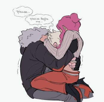 1boy 1girl apologizing black_gloves black_jacket black_shoes blonde_hair commentary english_text fingerless_gloves from_side gloves grey_pants head_on_chest high_heels highres hug invisible_chair jacket lynn_(daisiloou) lysandre_(pokemon) malva_(pokemon) nintendo pants pink_hair pokemon pokemon_legends:_z-a pokemon_xy ribbed_shirt shirt shoes sidelocks simple_background sitting sitting_on_lap sitting_on_person speech_bubble trembling white_background