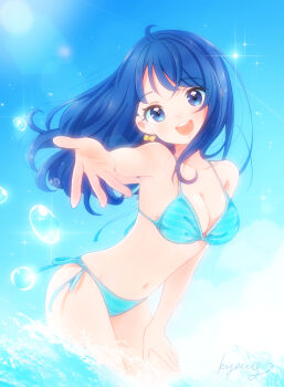 1girl aged_up alternate_hairstyle artist_name bikini blue_bikini blue_hair blue_sky bow bow_earrings breasts clear_sky cloud commentary day earrings hair_down hand_on_own_thigh head_tilt hirogaru_sky!_precure jewelry kyanos_(b_0000ff) leaning_forward lens_flare long_hair looking_at_viewer medium_breasts navel open_mouth outdoors precure reaching reaching_towards_viewer side-tie_bikini_bottom signature sky smile solo sora_harewataru sparkle standing swimsuit wading water