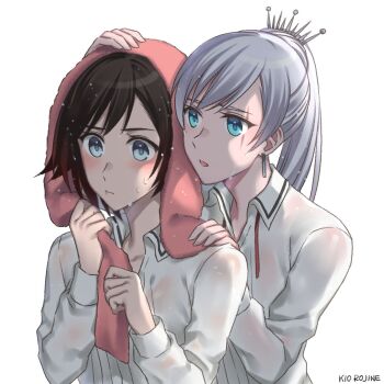 2girls artist_name black_hair blue_eyes blush earrings hand_on_another's_head hand_on_another's_shoulder highres jewelry kio_rojine long_sleeves multiple_girls ruby_rose rwby scar scar_across_eye scar_on_face shirt short_hair side_ponytail tiara towel towel_on_head weiss_schnee wet wet_clothes wet_hair wet_shirt white_background white_hair