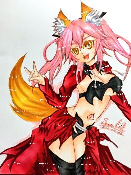 Rule 34 | 10s, 1girl, animal ears, artist name, artist request, bad id, bad pixiv id, breasts, chloe von einzbern, chloe von einzbern (archer install), chloe von einzbern (cosplay), cleavage, cosplay, dated, fang, fate/extra, fate/grand order, fate/kaleid liner prisma illya, fate (series), female focus, fox ears, fox tail, hair ribbon, highres, large breasts, marker (medium), midriff, navel, open mouth, pink hair, ribbon, saitou chiwa, simple background, solo, tail, tamamo no mae (fate), traditional media, twintails, voice actor connection, white background, yellow eyes