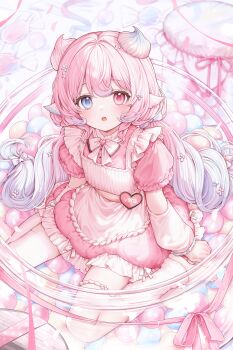 Rule 34 | 1girl, :o, apron, arms at sides, artist request, blue eyes, blurry, bow, bowtie, brooch, candy, character name, commission, depth of field, double-parted bangs, dress, food, food-themed horns, frilled dress, frills, heart, heart brooch, heterochromia, highres, indie virtual youtuber, jar, jewelry, light blush, long hair, looking at viewer, mason jar, mini person, minigirl, name tag, open mouth, pale skin, pastel colors, petite, pink dress, pink hair, pink theme, puffy short sleeves, puffy sleeves, red eyes, ribbon, second-party source, short dress, short sleeves, sitting, solo, surprised, teeth, twintails, upper teeth only, vera (vtuber), very long hair, wariza, white apron, white arm warmers, wrapped candy, yume kawaii