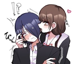 1boy 1girl biting biting_ear black_dress black_hair black_jacket blue_eyes blush brown_eyes brown_hair dress ear_bite ear_blush hair_over_one_eye headphones headphones_around_neck heart hetero iino_miko ishigami_yuu jacket kaguya-sama_wa_kokurasetai_~tensai-tachi_no_renai_zunousen~ n1ku22a non-web_source school_uniform shuuchiin_academy_school_uniform