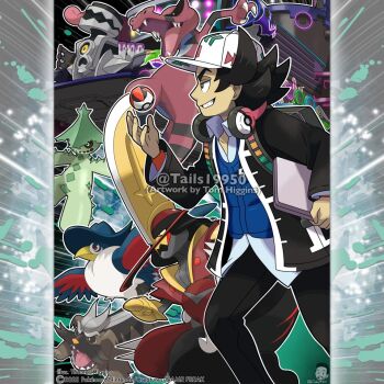 1boy artist_name backpack bag baseball_cap black_bag black_eyes black_hair black_jacket black_pants black_sclera blue_vest bright_pupils cacturne character_name claws closed_mouth collared_shirt colored_sclera commentary company_name computer copyright_notice english_commentary fangs from_side gen_3_pokemon gen_4_pokemon gen_5_pokemon giacomo_(pokemon) grin hat headphones headphones_around_neck holding holding_laptop honchkrow instagram_username jacket kingambit krookodile laptop long_sleeves mabosstiff male_focus merchandise_available motor_vehicle nintendo nostrils official_style one-eyed open_clothes open_jacket open_mouth outline pants poke_ball poke_ball_theme pokemon pokemon_(creature) pokemon_sv red_eyes revavroom sharp_teeth shirt short_hair smile spiked_hair team_star teeth timer_ball tom_higgins tongue tongue_out vest watermark white_hat white_outline white_pupils white_shirt yellow_eyes