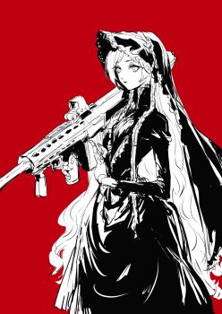 1girl anti-materiel_rifle barrett_m82a2 black_bonnet black_dress black_veil bonnet braid bullpup bustle commentary_request cowboy_shot doll_joints dress elden_ring elden_ring_nightreign eotech frilled_hat frills gothic_lolita greyscale_with_colored_background gun hat highres holding holding_gun holding_weapon joints juliet_sleeves lolita_fashion long_hair long_sleeves low_twin_braids official_alternate_costume osakana_(denpa_yun&#039;yun) puffy_sleeves red_background revenant_(elden_ring) rifle sniper_rifle solo twin_braids veil vertical_foregrip weapon