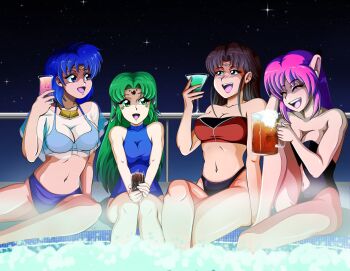 4girls alcohol android beer beer_mug bikini black_one-piece_swimsuit blue_bikini blue_eyes blue_hair blue_one-piece_swimsuit breasts bubble cleavage closed_eyes clothing_cutout cocktail cocktail_glass crossed_legs cup drink drinking_glass drunk fal_(phantasy_star) forehead_jewel furena green_eyes green_hair hand_on_floor hand_on_own_head highleg highleg_bikini highres holding holding_cup hot_tub hurricane_glass ice ice_cube jewelry kyra_tierney laughing legs_together long_hair lyla_brangwin medium_breasts mug multicolored_swimsuit multiple_girls mutant navel navel_cutout necklace night night_sky one-piece_swimsuit parted_bangs phantasy_star phantasy_star_iv pink_hair pointy_ears pool robot_ears see-through_clothes see-through_shirt shirt short_hair sky smile soda star_(sky) starry_sky steam strapless strapless_bikini strapless_one-piece_swimsuit swimsuit tedbob84 teeth tiara toasting_(gesture) tube_top upper_teeth_only