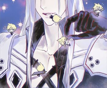 ! !! ... 2boys 3_3lecho ? age_comparison aged_down armor black_coat blonde_hair blue_background blue_eyes buster_sword chest_strap chibi chibi_on_shoulder cloud_strife coat collarbone commentary fang final_fantasy final_fantasy_vii final_fantasy_vii_remake flying_sweatdrops grey_hair hand_up highres holding_chibi long_hair low_ponytail male_focus multiple_boys multiple_persona pauldrons planted planted_sword planted_weapon ponytail sephiroth shinra_infantry_uniform short_hair short_ponytail shoulder_armor sparkle spiked_hair standing sword sword_on_back symbol-only_commentary weapon weapon_on_back