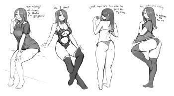 1girl :3 :d adjusting_sock alternate_costume arm_support back bare_arms bare_legs bare_shoulders bell bikini breasts can choker cleavage cleavage_cutout closed_eyes closed_mouth clothes_pull clothing_cutout collarbone commentary crossed_legs drink_can english_commentary english_text feet foot_up frilled_socks frills from_behind full_body hair_over_one_eye hand_on_own_face hand_up hands_on_own_chest hands_up highres holding holding_can invisible_chair jingle_bell knee_up large_breasts leotard long_hair looking_at_viewer looking_back monochrome nail_polish navel no_pants open_mouth original oversized_clothes oversized_shirt panties shirt shirt_pull short_sleeves side-tie_bikini_bottom sideboob sidelocks simple_background sitting leotard smile socks stomach_cutout string_around_ankle string_bikini swimsuit telepurte thighhighs toenails toes underwear white_background