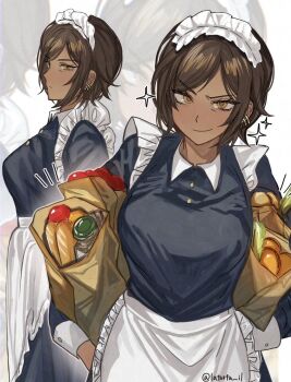 1girl adversarial_noise apron artist_name bag baguette bread brown_hair closed_mouth commentary dark-skinned_female dark_skin ear_piercing food frilled_apron frills groceries grocery_bag hands_on_own_hips highres jar latorta_il limbus_company long_sleeves looking_at_viewer maid maid_apron maid_day maid_headdress multiple_views official_alternate_costume outis_(project_moon) piercing project_moon shopping_bag short_hair smirk sparkle twitter_username v-shaped_eyebrows waist_apron white_apron zoom_layer