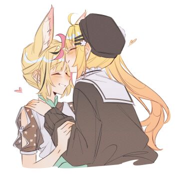 2girls absurdres animal_ear_fluff animal_ears beret black_hat black_shirt blonde_hair blush closed_eyes commentary couple cropped_torso ear_blush floral_print floral_print_shirt grin hair_intakes hair_ornament hairclip happy hat highres hololive kiss kissing_forehead legzy long_hair long_sleeves momosuzu_nene multiple_girls nose_blush omaru_polka parallel_hairclips sailor_collar shirt short_sleeves side_ponytail sidelocks simple_background smile symbol-only_commentary vest virtual_youtuber white_background white_sailor_collar white_vest yuri