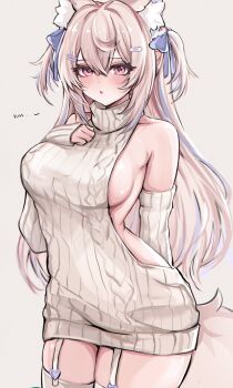 1girl animal_ears blonde_hair blue_hair breasts commentary cowboy_shot dog_ears dog_girl dog_tail fuwawa_abyssgard highres hololive hololive_english large_breasts mokiemokki multicolored_hair pink_eyes simple_background solo streaked_hair sweater symbol-only_commentary tail two-tone_hair two_side_up virgin_killer_sweater virtual_youtuber white_background white_sweater