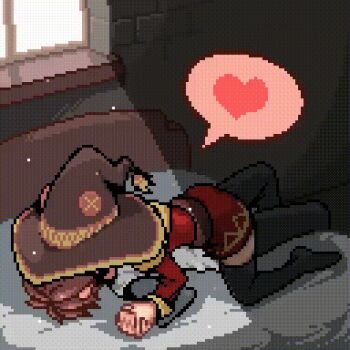 1boy 1girl animated animated_gif ass assertive_female bed brown_hair dry_humping girl_on_top hat heart hetero holding_hands humping kiss kono_subarashii_sekai_ni_shukufuku_wo! lying megumin momiahair pants pixel_art satou_kazuma sexually_suggestive short_hair spoken_heart witch_hat