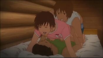 absurdres anal anime_screenshot bedroom brown_hair clothed_sex double_penetration erika_(ova) gyo_(ova) highres on_bed sex vaginal
