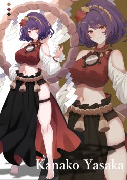 1girl absurdres bare_shoulders barefoot black_skirt brown_background character_name closed_mouth clothes_lift clothing_cutout color_guide commentary_request crop_top cropped_shirt feet frilled_sleeves frills full_body hair_ornament half-skirt hand_up highres leaf leaf_hair_ornament legs_apart long_skirt long_sleeves looking_at_viewer maka_(user_rryf2748) maple_leaf mirror navel purple_hair red_hair red_shirt rope rope_belt shadow shimenawa shirt short_hair shoulder_cutout skindentation skirt sleeveless sleeveless_shirt smile solo standing stomach tassel thigh_strap tiptoes touhou two-tone_background white_background yasaka_kanako zoom_layer