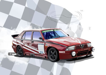 2025 alfa_romeo alfa_romeo_75 artist_name car checkered_flag commentary_request copyright_notice dated decal deutsche_tourenwagen_masters exhaust_pipe flag logo motor_vehicle nimbus_goldbrum no_humans original pirelli product_placement race_vehicle racecar red_car simple_background sparco sponsor vehicle_focus watermark white_background