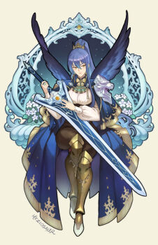 1girl armor artist_name blue_hair breasts capelet closed_mouth commentary commission double-parted_bangs dress eiyuu_densetsu english_commentary full_body greaves hair_between_eyes high_collar highres holding holding_sword holding_weapon huge_weapon large_breasts laura_s._arseid long_hair long_single_sidelock looking_at_viewer meziosaur pauldrons ponytail sen_no_kiseki sen_no_kiseki_(series) sen_no_kiseki_iii shoulder_armor single_pauldron single_sidelock sitting solo sword weapon yellow_eyes
