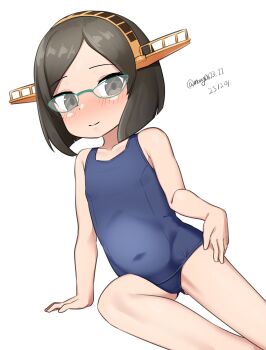 1girl absurdres aged_down black_hair blue_one-piece_swimsuit covered_navel dated feet_out_of_frame flat_chest glasses grey_eyes headgear highres kantai_collection kirishima_(kancolle) loli maru_(marg0613) old_school_swimsuit one-hour_drawing_challenge one-piece_swimsuit school_swimsuit short_hair simple_background smile solo swimsuit twitter_username white_background