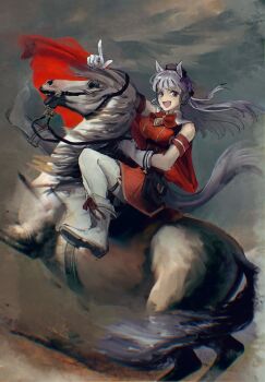 Rule 34 | 1girl, animal ears, armband, belt, belt pouch, black hat, boots, bow, bowtie, breasts, brown hat, buttons, double-breasted, dress, fine art parody, full body, gloves, gold ship (racehorse), gold ship (red strife) (umamusume), gold ship (umamusume), grey hair, grin, hair ribbon, hat, high heel boots, high heels, highres, horse ears, horse girl, horse tail, horseback riding, large breasts, leg up, lips, long hair, looking at viewer, napoleon crossing the alps, pantyhose, parody, pillbox hat, pointing, pouch, purple eyes, purple ribbon, rearing, red bow, red bowtie, red dress, ribbon, riding, rngwi4, short dress, sleeveless, sleeveless dress, smile, solo, straight hair, tail, teeth, tight clothes, umamusume, white boots, white gloves, white horse