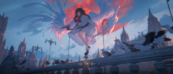 1girl absurdres angel_wings bird black_hair castle closed_eyes closed_mouth columbina_(genshin_impact) dress full_body genshin_impact head_wings highres long_hair multicolored_hair outdoors pink_hair smile streaked_hair two-tone_hair very_long_hair void_0 white_dress wings