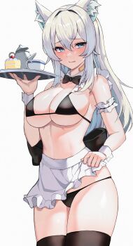 1girl aarontsay absurdres animal_ears apron apron_lift bikini black_thighhighs breasts cat_girl clothes_lift commission frilled_apron frills highres indie_virtual_youtuber large_breasts lessone maid maid_apron maid_bikini ribbon second-party_source sideboob solo swimsuit thighhighs thighs unconventional_maid underboob underwear virtual_youtuber