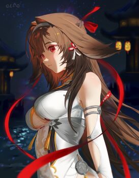 1girl absurdres armlet artist_name bare_shoulders blurry blurry_background breasts brown_hair china_dress chinese_clothes closed_mouth clover clover_hair_ornament commentary dress droopy_ears elfe_art english_commentary from_side hair_intakes hair_ornament hairband highres jewelry lantern long_hair medium_breasts night night_sky outdoors paper_lantern red_eyes red_ribbon ribbon see-through_clothes shadow silver_armlet sky solo star_(sky) starry_sky tassel upper_body very_long_hair white_dress white_hairband ye_shunguang zenless_zone_zero