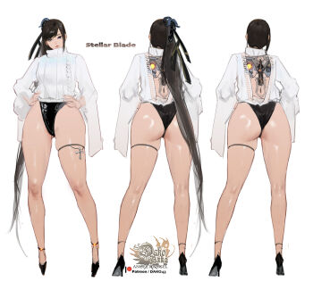 1girl artist_logo ass back_cutout black_hair blunt_bangs breasts clothing_cutout commentary copyright_name english_commentary eve_(stellar_blade) hair_ornament hands_on_own_hips highleg highres hu_dako huge_ass logo long_hair mechanical_spine multiple_views patreon_username ponytail stellar_blade sweater thick_thighs thigh_strap thighs very_long_hair white_background white_sweater wide_hips