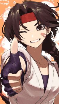 Rule 34 | 1girl, absurdres, bandaid, bandaid on face, black gloves, braid, brown eyes, brown hair, bruise, bruise on face, dougi, fingerless gloves, gloves, grin, head tilt, headband, highres, injury, long hair, looking at viewer, one eye closed, red headband, ryo yo shi, ryuuko no ken, single braid, smile, solo, the king of fighters, thumbs up, yuri sakazaki