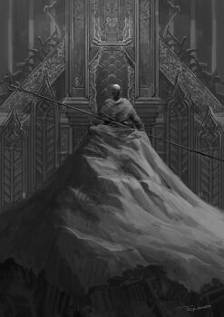 1other artist_name bald chair commentary_request copyright_request greyscale highres holding looking_at_viewer monochrome oversized_clothes robe solo throne tripdancer
