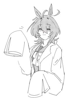 1girl agnes_tachyon_(umamusume) animal_ears closed_mouth gachitamago horse_ears monochrome sleeves_past_wrists umamusume