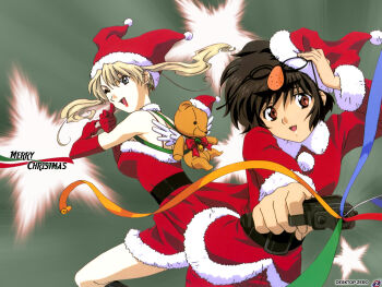 00s 2girls black_hair blonde_hair christmas hat holidays jester_cap long_hair mireille_bouquet multiple_girls noir_(anime) santa_costume santa_hat short_hair yuumura_kirika