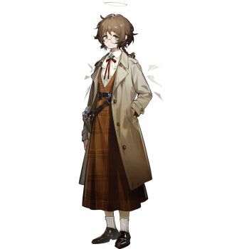 1girl arknights brown_hair detached_wings energy_wings full_body glasses halo official_art simple_background solo standing tachi-e third-party_source traditional_halo transparent_background wings