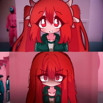 1girl @_@ bags_under_eyes before_and_after blurry blurry_background bonbon_(bonzomcbonbon) closed_mouth dot_nose green_jacket green_trim hair_between_eyes hair_ribbon heart heart-shaped_pupils highres jacket ketchup_(bonzomcbonbon) long_hair meme original red_eyes red_hair ribbon shaded_face shirt soldier_(squid_game) squid_game symbol-shaped_pupils teeth twintails upper_body very_long_hair white_ribbon white_shirt year_1_&amp;_year_2_(squid_game)_(meme)