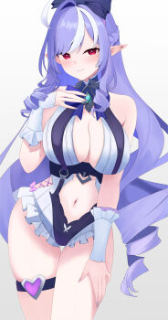 1girl absurdres bare_shoulders blue_gem bow bowtie breasts closed_mouth clothing_cutout commentary_request cowboy_shot drill_hair drill_sidelocks frilled_one-piece_swimsuit frilled_wrist_cuffs frills gem grey_background hair_bow highres large_breasts long_hair looking_at_viewer luckyyeah mole mole_under_eye navel no_eyebrows official_alternate_costume one-piece_swimsuit pointy_ears purple_bow purple_bowtie purple_hair red_eyes sidelocks simple_background smile solo stomach_cutout swimsuit thigh_strap two-tone_one-piece_swimsuit vivian_banshee vivian_banshee_(iris_of_the_shore) white_one-piece_swimsuit wrist_cuffs zenless_zone_zero